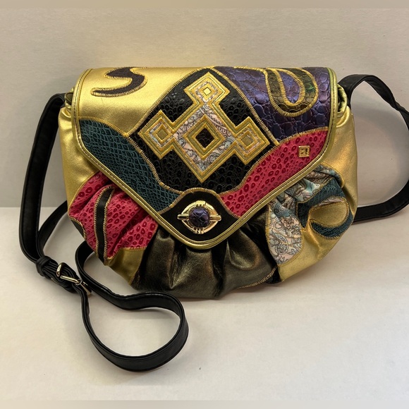 Vintage Handbags - Vintage 80’s NAS Faux Leather Multicolor Patchwork Crossbody Bag